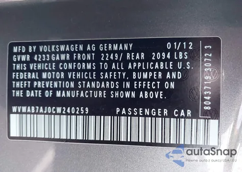 2012 Volkswagen Golf 2.5L 2-Door z USA, uszkodzony, nr VIN WVWAB7AJ0CW240259